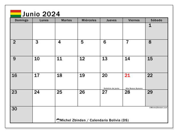Kalender Juni 2024, Bolivien (ES). Programm zum Ausdrucken kostenlos.