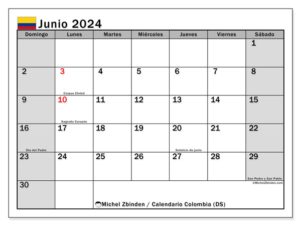 Calendario giugno 2024, Colombia (ES). Orario da stampare gratuito.