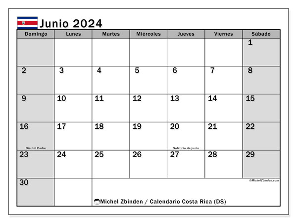Calendario giugno 2024, Costa Rica (ES). Orario da stampare gratuito.