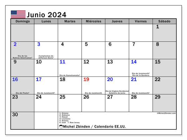 Calendario giugno 2024, Stati Uniti (ES). Orario da stampare gratuito.