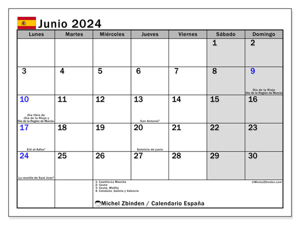 Kalender Juni 2024, Spanien (ES). Programm zum Ausdrucken kostenlos.