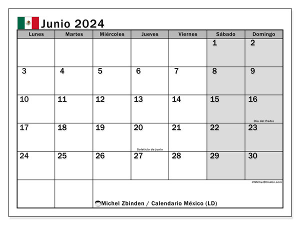 Calendario giugno 2024, Messico (ES). Orario da stampare gratuito.