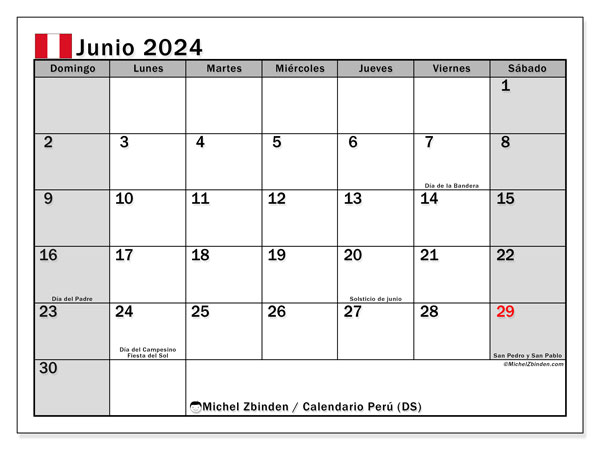 Kalender Juni 2024, Peru (ES). Programm zum Ausdrucken kostenlos.