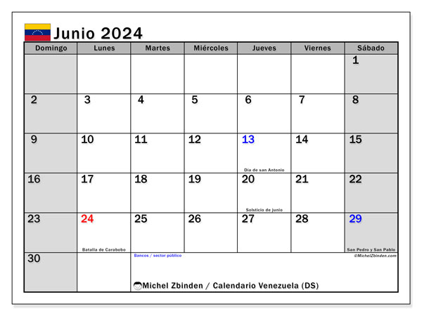 Kalender Juni 2024, Venezuela (ES). Programm zum Ausdrucken kostenlos.