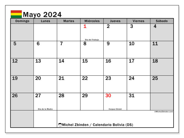 Calendario maggio 2024, Bolivia (ES). Programma da stampare gratuito.