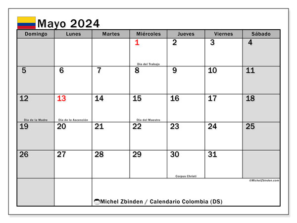 Calendario maggio 2024, Colombia (ES). Programma da stampare gratuito.