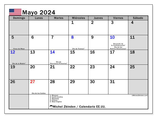 Calendario maggio 2024, Stati Uniti (ES). Programma da stampare gratuito.