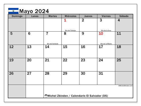 Kalender Mai 2024, El Salvador (ES). Programm zum Ausdrucken kostenlos.