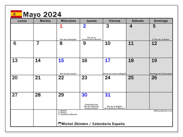 Calendario maggio 2024, Spagna (ES). Programma da stampare gratuito.