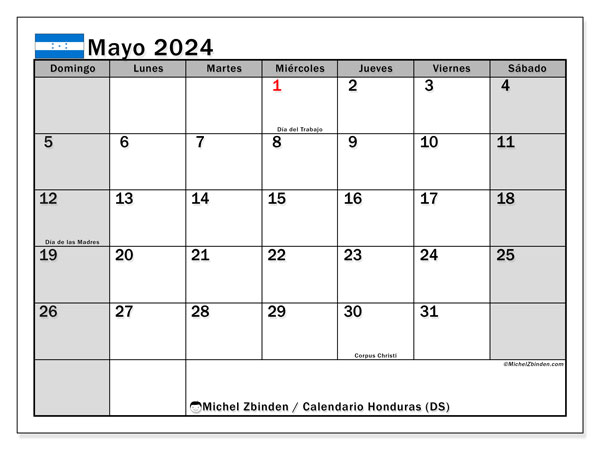 Calendario maggio 2024, Honduras (ES). Programma da stampare gratuito.