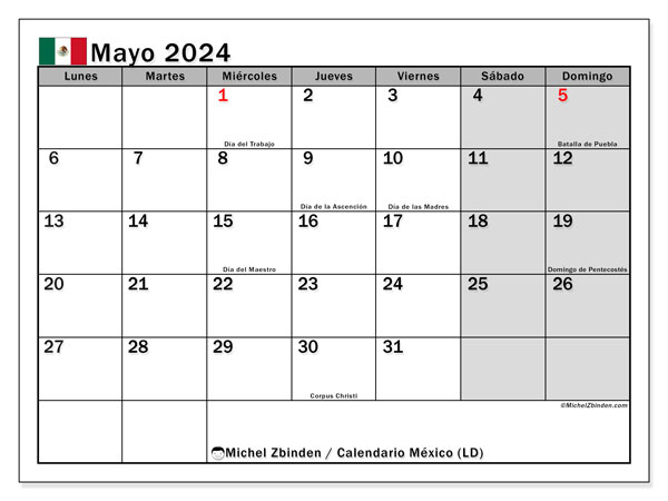 Calendario maggio 2024, Messico (ES). Programma da stampare gratuito.