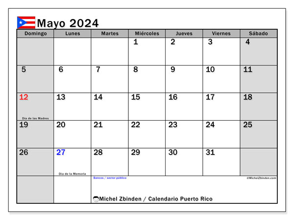 Calendario maggio 2024, Porto Rico (ES). Programma da stampare gratuito.