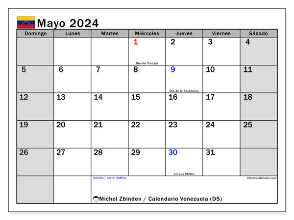 Calendario maggio 2024, Venezuela (ES). Programma da stampare gratuito.