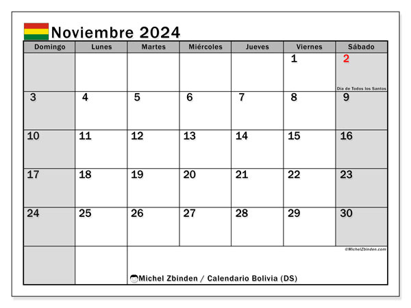 Calendario novembre 2024, Bolivia (ES). Piano da stampare gratuito.