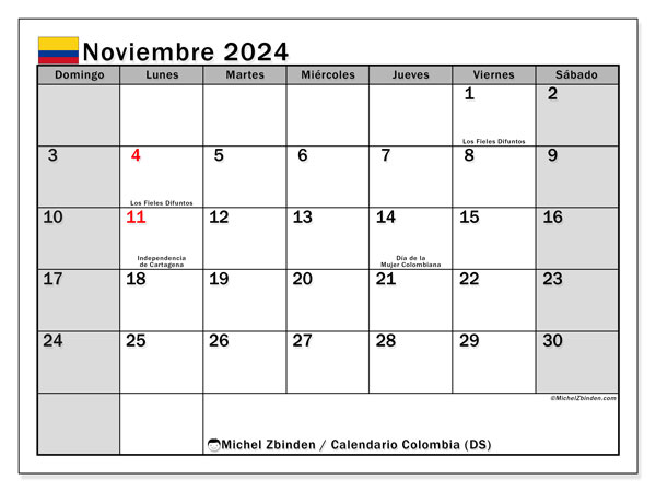 Kalender November 2024, Kolumbien (ES). Kalender zum Ausdrucken kostenlos.