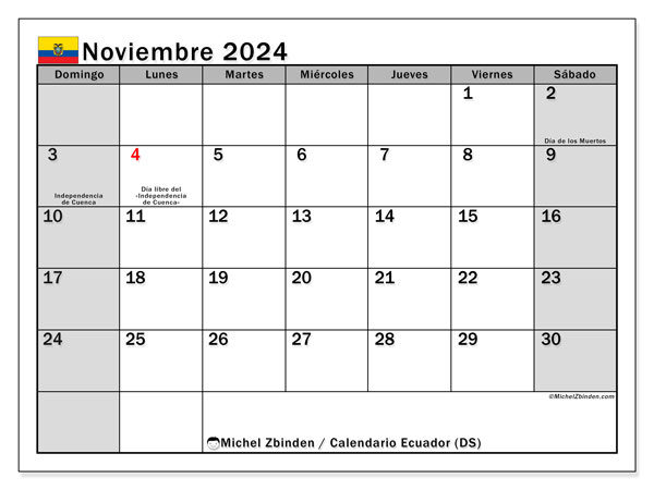 Calendario novembre 2024, Ecuador (ES). Piano da stampare gratuito.