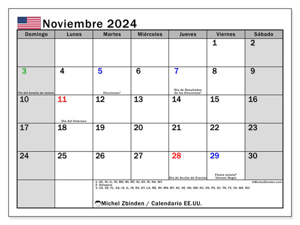Calendario novembre 2024, Stati Uniti (ES). Piano da stampare gratuito.