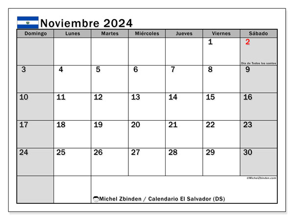 Calendario novembre 2024, El Salvador (ES). Piano da stampare gratuito.