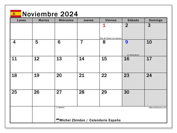 Calendario novembre 2024, Spagna (ES). Piano da stampare gratuito.
