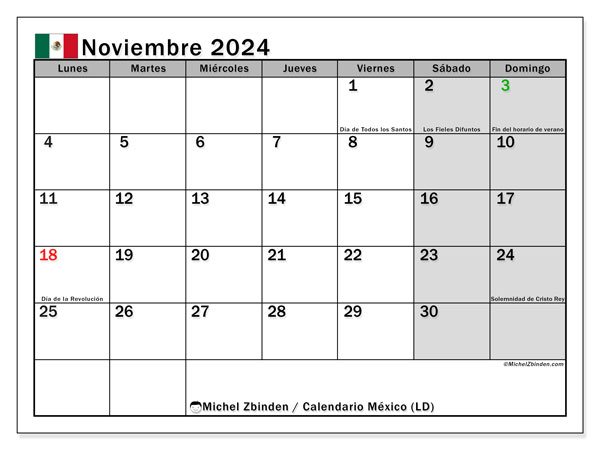 Kalender November 2024, Mexiko (ES). Kalender zum Ausdrucken kostenlos.