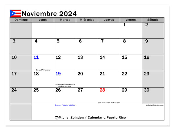 Calendario novembre 2024, Porto Rico (ES). Piano da stampare gratuito.