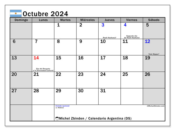 Kalender Oktober 2024, Argentinien (ES). Plan zum Ausdrucken kostenlos.