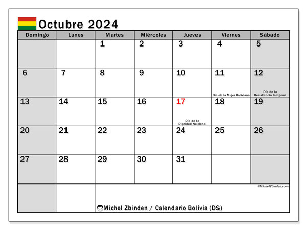 Kalender Oktober 2024, Bolivien (ES). Plan zum Ausdrucken kostenlos.