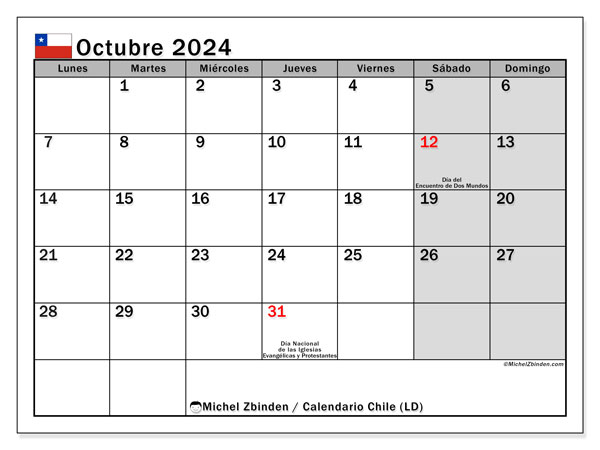 Kalender Oktober 2024, Chile (ES). Plan zum Ausdrucken kostenlos.