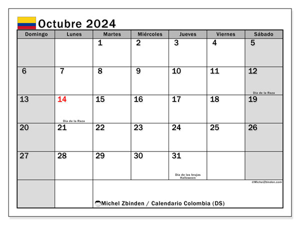 Kalender Oktober 2024, Kolumbien (ES). Plan zum Ausdrucken kostenlos.