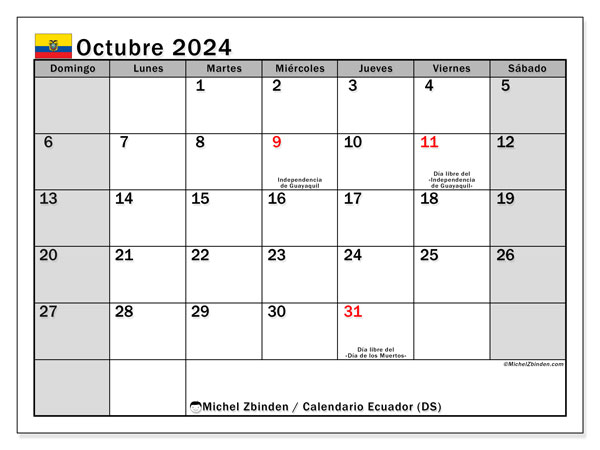 Kalender Oktober 2024, Ecuador (ES). Plan zum Ausdrucken kostenlos.