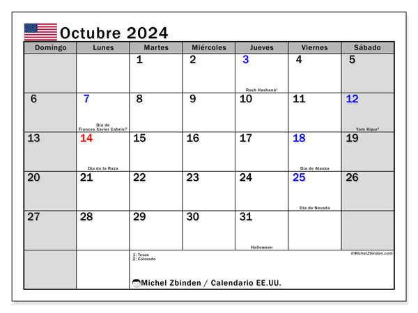Calendario ottobre 2024, Stati Uniti (ES). Programma da stampare gratuito.
