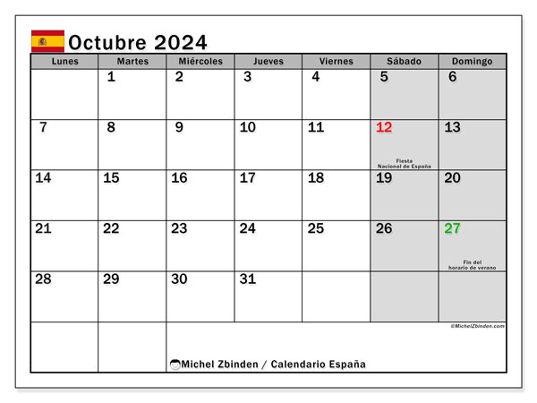 Kalender Oktober 2024, Spanien (ES). Plan zum Ausdrucken kostenlos.