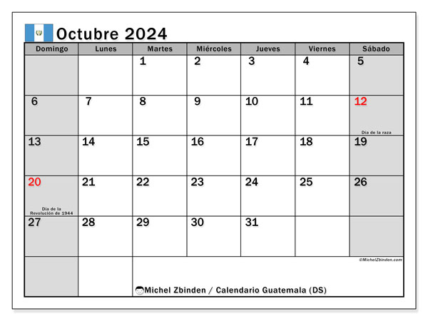 Calendario ottobre 2024, Guatemala (ES). Programma da stampare gratuito.