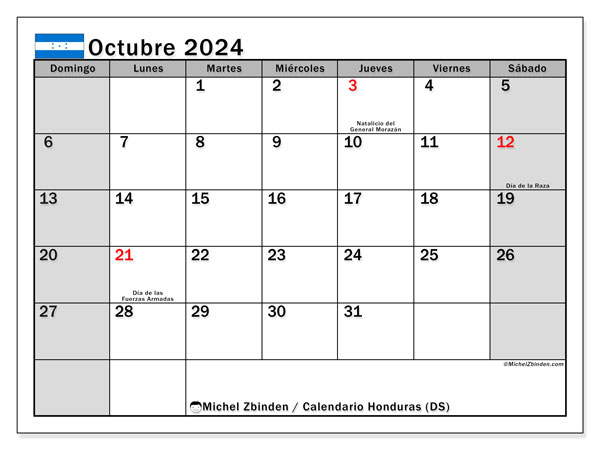 Kalender Oktober 2024, Honduras (ES). Plan zum Ausdrucken kostenlos.