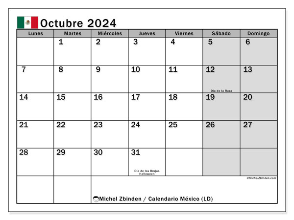 Calendario ottobre 2024, Messico (ES). Programma da stampare gratuito.