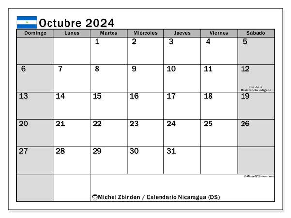 Kalender Oktober 2024, Nicaragua (ES). Plan zum Ausdrucken kostenlos.