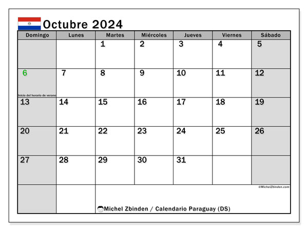 Kalender Oktober 2024, Paraguay (ES). Plan zum Ausdrucken kostenlos.