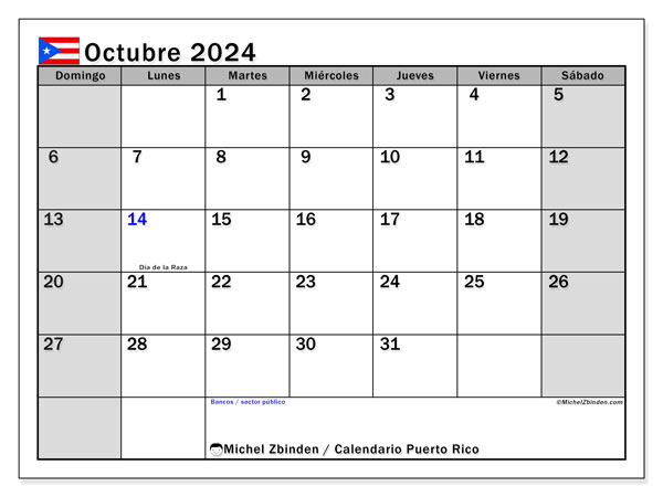 Calendario ottobre 2024, Porto Rico (ES). Programma da stampare gratuito.