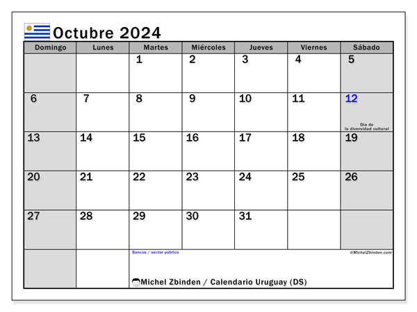 Kalender Oktober 2024, Uruguay (ES). Plan zum Ausdrucken kostenlos.