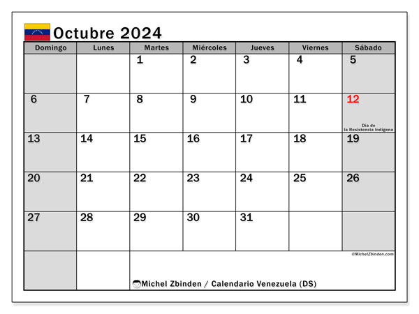 Calendario ottobre 2024, Venezuela (ES). Programma da stampare gratuito.
