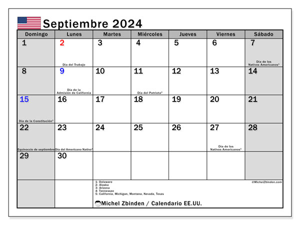 Calendario settembre 2024, Stati Uniti (ES). Programma da stampare gratuito.