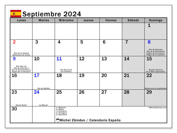 Calendario settembre 2024, Spagna (ES). Programma da stampare gratuito.