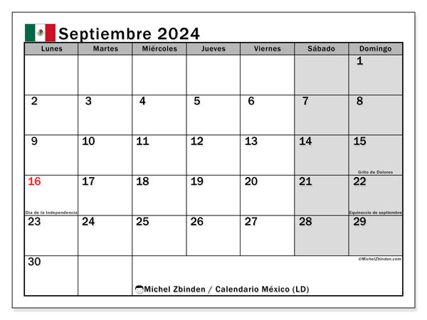 Calendario settembre 2024, Messico (ES). Programma da stampare gratuito.