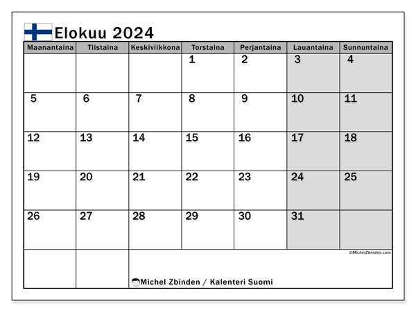 Kalenteri elokuu 2024 “Suomi”. Ilmainen tulostettava aikataulu.. Maanantaista sunnuntaihin
