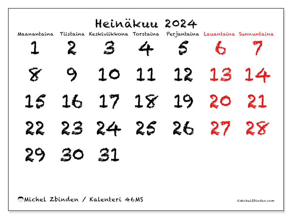 Kalenteri heinäkuu 2024, 46MS, valmiina tulostettavaksi ja maksutta.