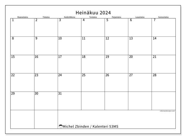 Kalenteri heinäkuu 2024, 53MS, valmiina tulostettavaksi ja maksutta.