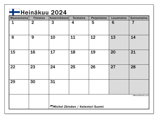 Kalenteri heinäkuu 2024 “Suomi”. Ilmainen tulostettava kartta.. Maanantaista sunnuntaihin