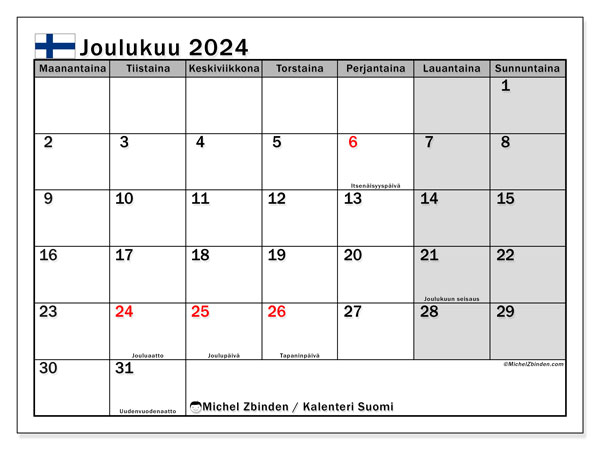 Kalenteri joulukuu 2024 “Suomi”. Ilmainen tulostettava lehti.. Maanantaista sunnuntaihin