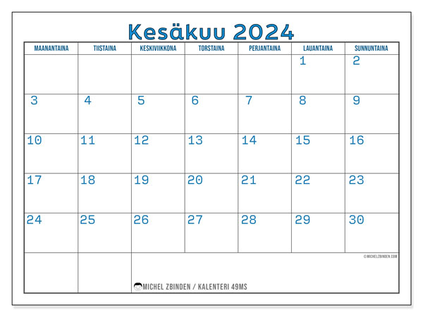 Kalenteri kesäkuu 2024, 49MS, valmiina tulostettavaksi ja maksutta.
