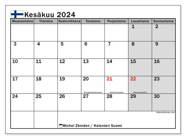 Calendario giugno 2024, Finlandia (FI). Orario da stampare gratuito.